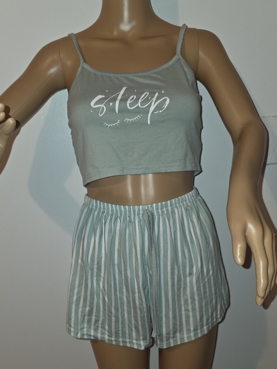SHEIN Other - SHEIN Sage Green 'Sleep' Cami & Striped Short Pajama Set